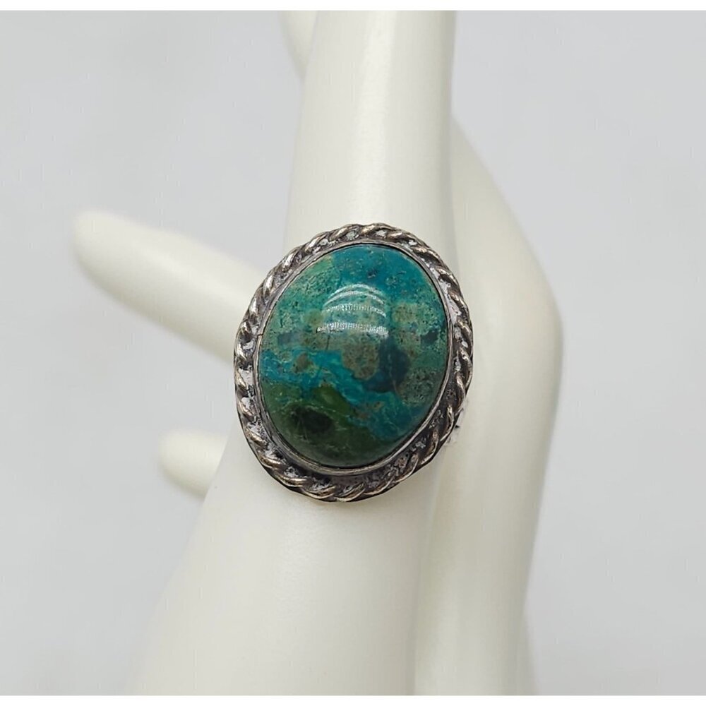 Vintage Navajo Sterling Silver Azurite Ring Size 7.5 With Rope-Edge Design